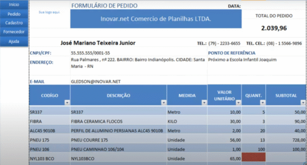 PLANILHA DE PEDIDOS