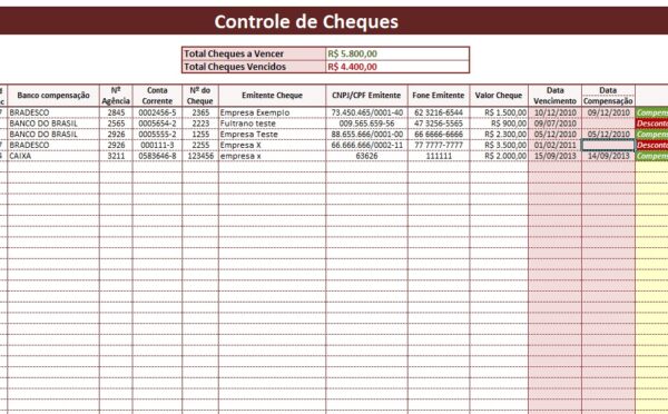 PLANILHA CONTROLE DE CHEQUES