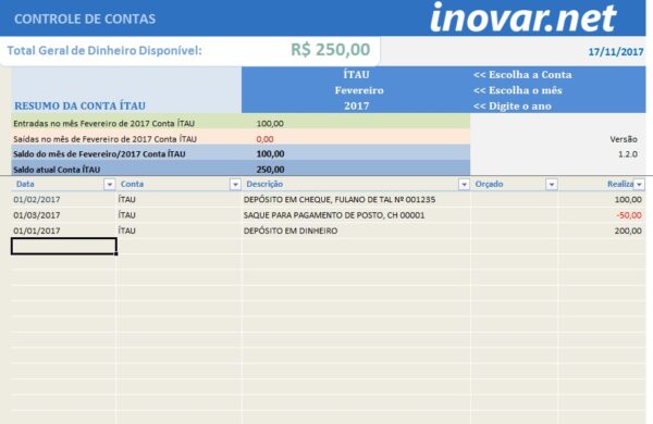PLANILHA CONTROLE DE CONTAS BANCÁRIAS